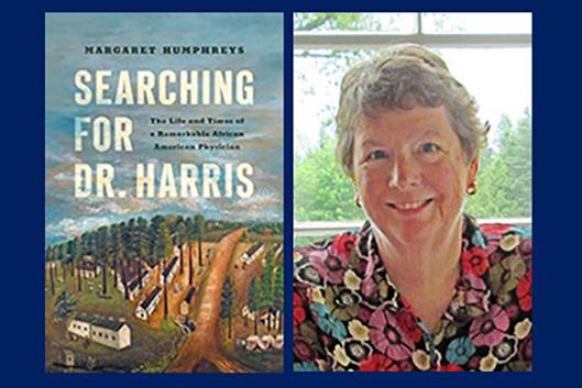 Images of Searching For Dr. Harris book cover and Margaret Humphreys headshot